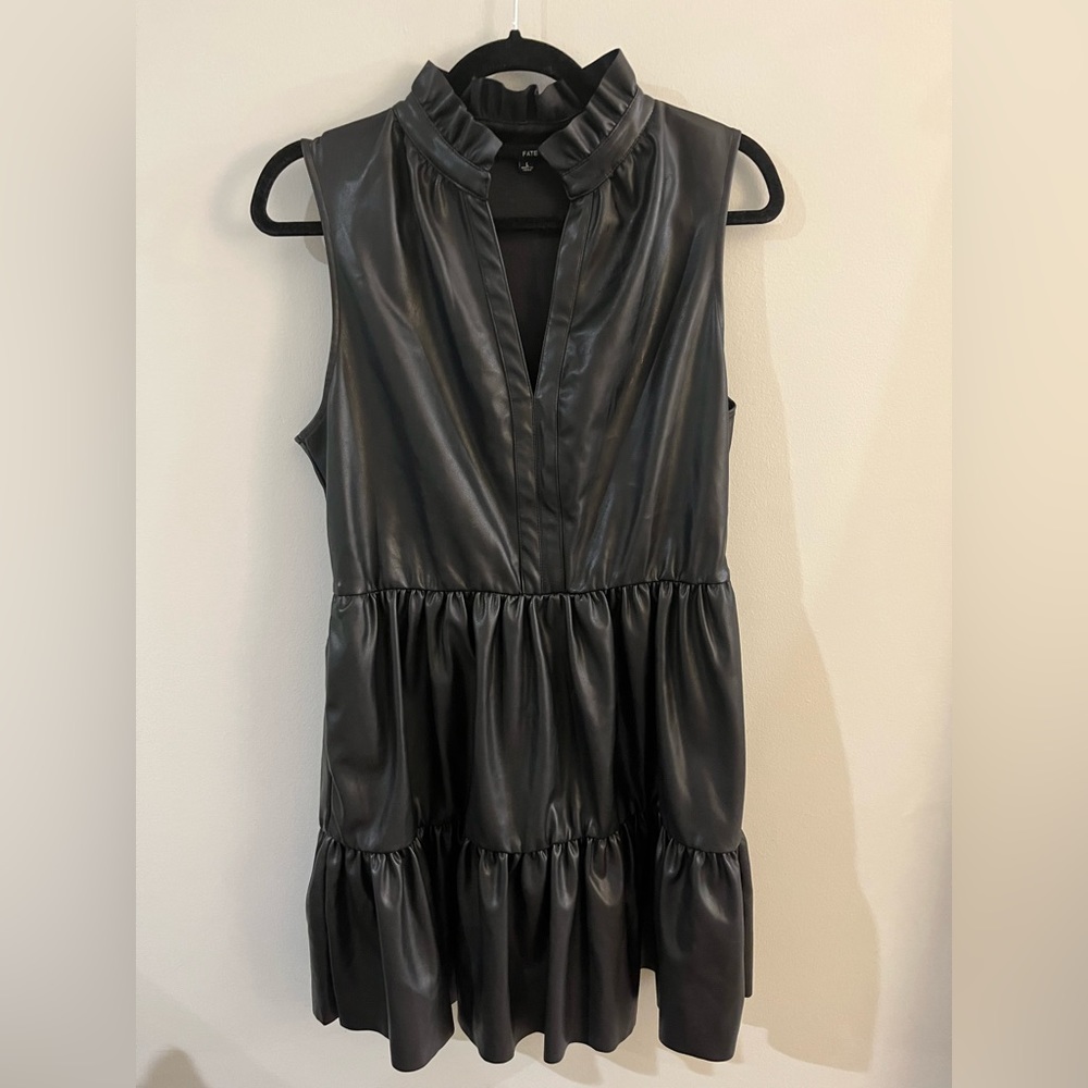 Fate Black Faux Leather Sleeveless Ruffle Dress